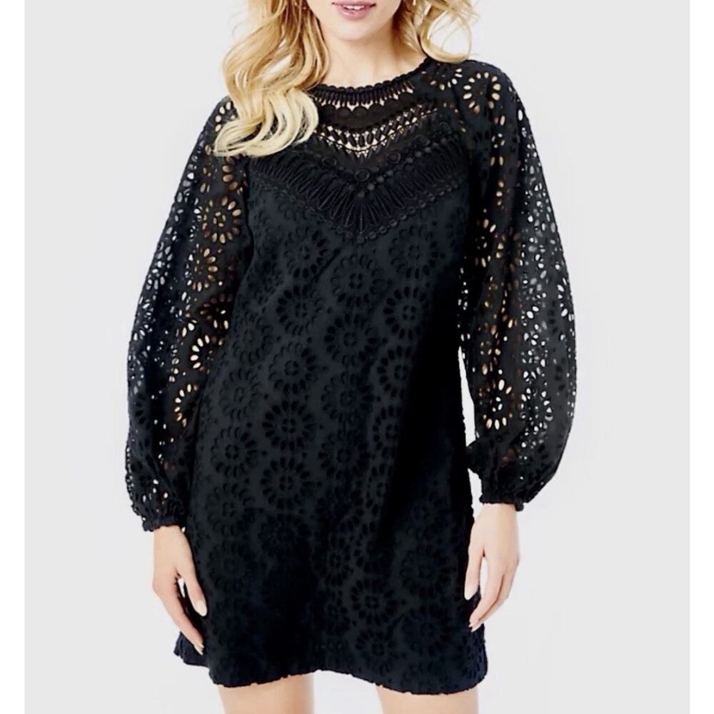 Lily Pulitzer Priscilla Short Dress Womens 14 Black boho Eyelet Long Puff Sleeve - Picture 2 of 11